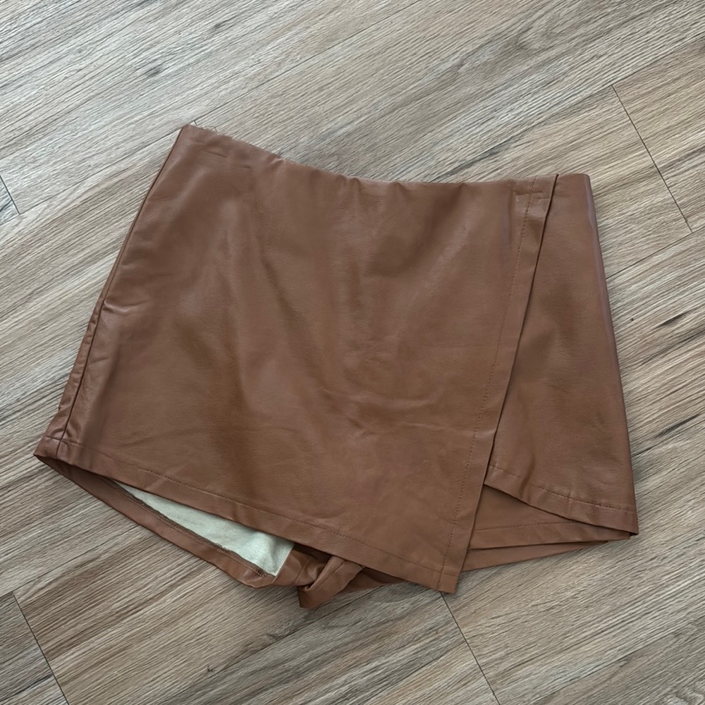 She + Sky Brown Faux Leather Mini Skort